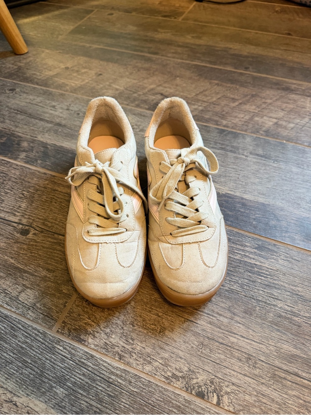 Madden Girl Beige Suede Sneakers with Pale Pink Stripe